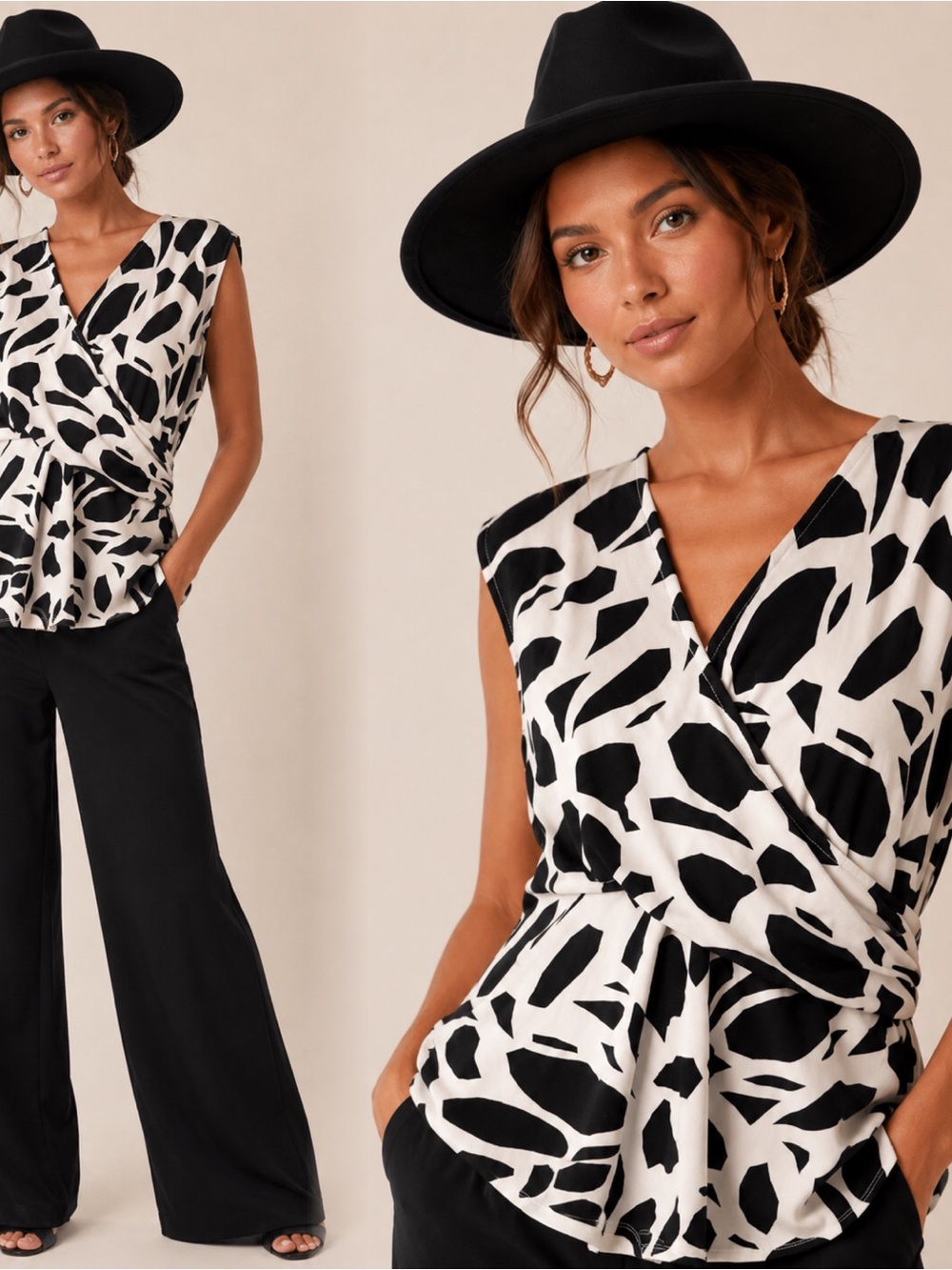 Kasper Black & White Printed Sleeveless Wrap Top
